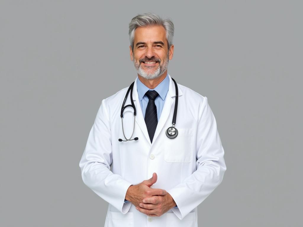 The image shows a male doctor standing confidently with a thumbs-up gesture. He is dressed in a traditional white lab coat along with a black tie that complements his professional attire. Around his neck, he has a stethoscope, indicating his role as a medical professional. The doctor has neatly styled silver hair, giving him a distinguished appearance. He is standing against a plain gray background, which helps to highlight his figure and attire. This image conveys a sense of assurance and professionalism, reflecting a positive and approachable demeanor.