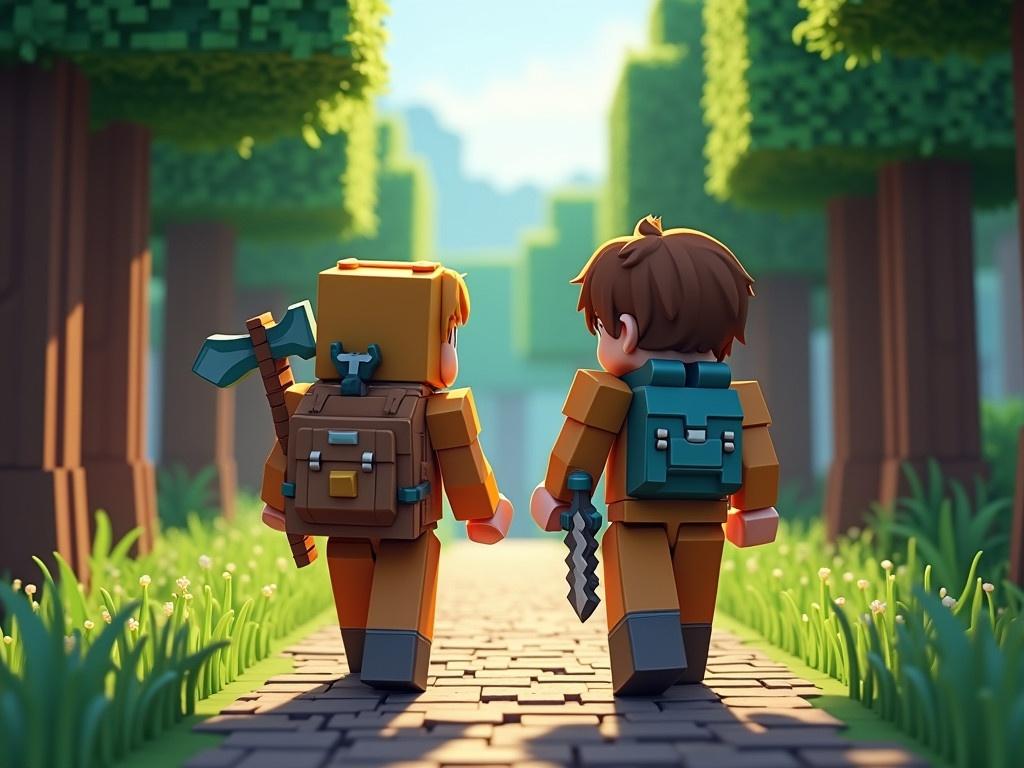 In a Minecraft-inspired scene, two adventurers walk down a blocky forest path surrounded by pixelated trees. The character on the left carries a backpack decorated with tools, including a pickaxe and spade, essential for mining. Equipped with a sword, the character on the right embodies a resourceful explorer ready for encounters in the wilderness. Both figures wear protective clothing suited for adventures, with playful blocky patterns. Sunlight filters through the treetops, casting cheerful shadows on the cobblestone path ahead.