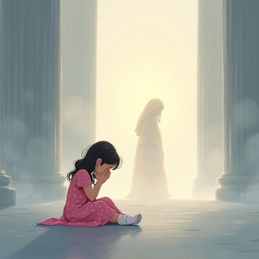 A flat-style soft cartoon illustration depicting Layla sitting on the ground crying. Her pink polka-dotted dress appears faded and rumpled. She covers part of her face with her hands, tears dripping onto her dress. A silhouette of her grandmother emerges from the fog in the background. The scene is wrapped in cold pale fog with smooth reflective floor and four weakened columns in the distance. The image conveys deep regret sorrow and hints of warmth and hope.