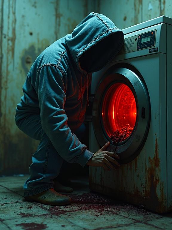 A hyperrealistic horror scene in a laundromat. A possessed whirlwind of filthy clothes levitates in a spiral. The washing machine glows red lights. The drum spins with dark water containing black hair. Clothes are stitched into a humanoid shape. A hoodie head tilts unnaturally. The floor has skid marks. One hand emerges from the washer gripping the rim. Lighting casts shadows. Mold patches pulse in sync with machine vibrations. Floating bone fragments are visible. Shot in a horror film style with a claustrophobic angle.