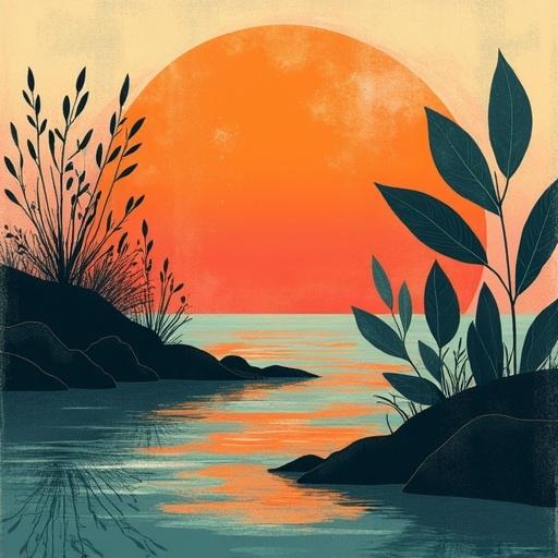 Abstract representation of a sea scene featuring silhouettes of plants and a striking burnt orange sunset. Evokes a vintage style suitable for bohemian home decor.