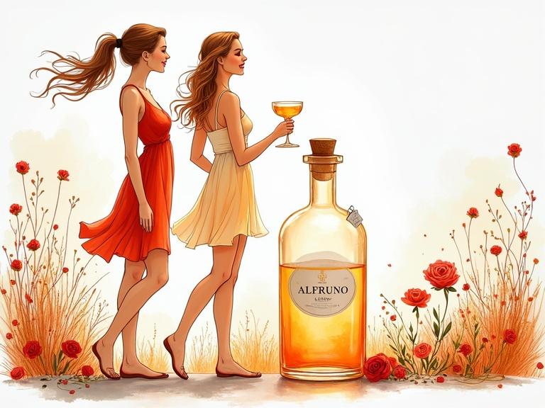 Two beautiful women in sun dresses. They are toasting with a cocktail glass. An elegant bottle labeled 'ALFRUNO' stands nearby. Garden setting with wildflowers and roses. Exudes luxury and indulgence.