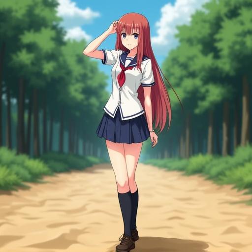 Character in school uniform standing on a path in a forest. Hand on hip with arm raised to head. Sunny day with greenery.