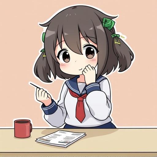 Character design of a Japanese high school girl. She has brown hair and wears a school uniform. She sits at a table with a mug and notes. The background is a simple pastel color.