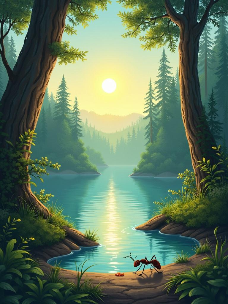 Serene forest landscape features a bright sun reflecting off a calm lake. In the foreground, a tiny ant is seen near the water's edge, looking for food. Lush greenery surrounds the lake with trees lining the banks.