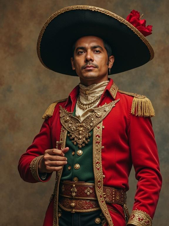 A man in traditional Mexican attire. He wears a grand hat and a detailed red and gold jacket. The setting has a softly toned background, creating a dramatic portrait.