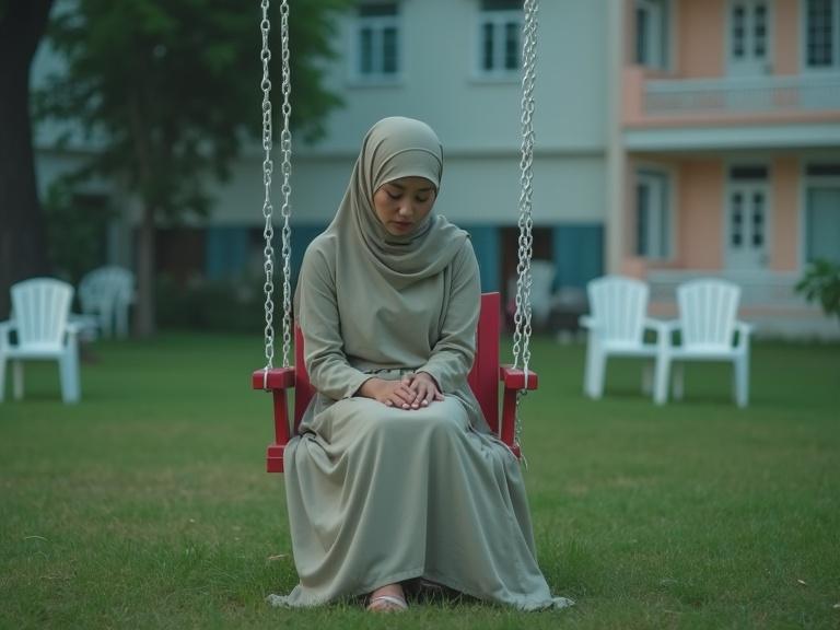 A woman is sitting alone on a red swing bench in a park. She wears a beige jilbab and sage green dress. Her posture is slouched with hands in her lap. The scene shows a background with a pastel building and greenery. The atmosphere is calm and emotionally heavy, captured during late afternoon.