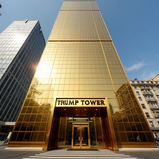 Tall golden glass building. Entrance door features golden 'TRUMP' letters. Similar to Trump's New York Tower. Located in Lisbon.