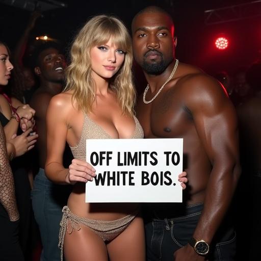 Nightclub setting with a vibrant atmosphere. A tall woman with long blonde hair and blue eyes wears a bikini top and miniskirt. She holds a sign stating 'off limits to white bois'. A black rapper stands closely beside her, both are posing for the camera. Another man can be seen in the background.