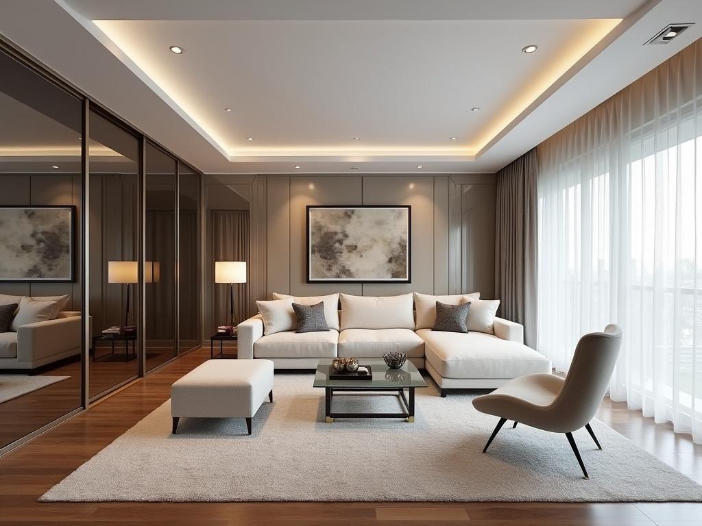 Create an upscale interior design for a living room featuring elegant elements. The room includes a plush, light-colored sofa adorned with a cozy throw and decorative cushions. A modern glass coffee table sits atop a soft area rug. Contrast this with a stylish armchair and ottoman, while accent walls are enhanced with subtle pleats to give texture and depth. Reflective surfaces, like the sleek mirrored sliding doors, add a touch of sophistication. Natural light filters through sheer curtains, illuminating the space and highlighting the rich wooden flooring. Overall, aim for a harmonious, inviting ambiance that exudes luxury.