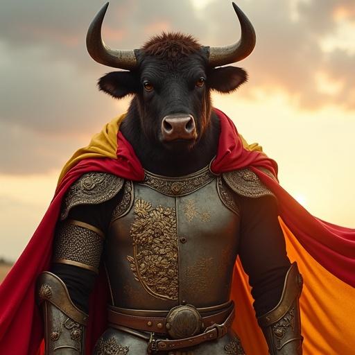 A bull humanized in an imposing muscular posture. Bull dressed as a warrior with attire inspired by the colors of the Spanish flag. The warrior outfit features vibrant red and yellow colors, with golden details enhancing the armor. The bull has prominent horns and a determined expression. Elements of traditional Spanish culture, like filigree designs and historical symbols, adorn the outfit. A cape with the waving Spanish flag is behind the bull. Background has a clear sky with warm sunset light.