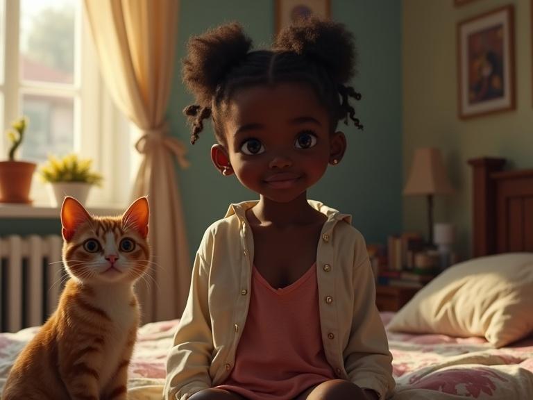 An African girl sits on a bed in a cozy bedroom. A cat sits next to her. She wears an open-front shirt. The room has soft lighting and personal decor.
