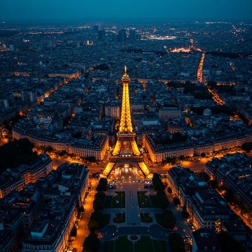Birdseye top down view of the city of Paris at night with illuminated Eiffel Tower and vibrant city lights.