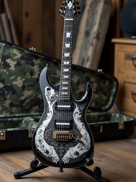 Guitar displayed on a stand. Camo carrying case in background. Guitar features intricate black and white design. Style reflects medieval art with a nude goddess. High polish finish.
