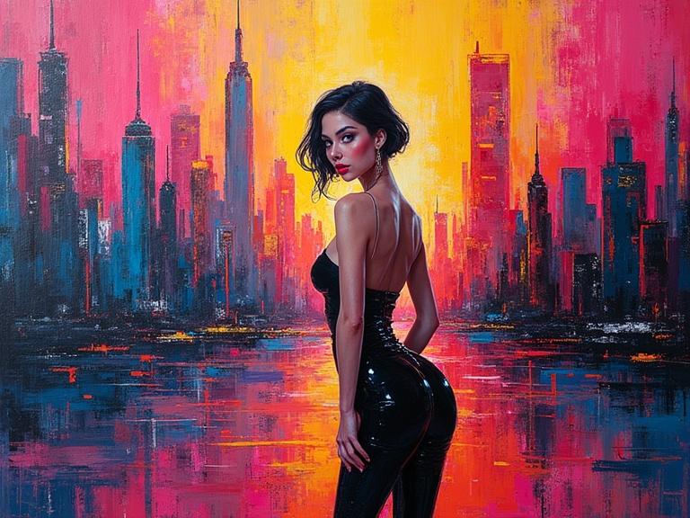 Abstract expressionist painting featuring a fashionable woman in a city setting. Vivid colors and thick textures create dynamic depth. Artistic emphasis on urban structures and stylistic elements expressing vaporwave and psychedelic themes.