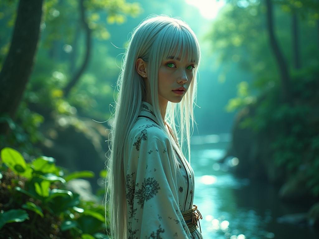 Bright surrealism art portrait in a verdant forest with a river. Slender young woman with big green eyes and long silver hair. Wearing a marble stone kimono. Surrounded by glowing greenery and fireflies. Bold colors and neon accents.