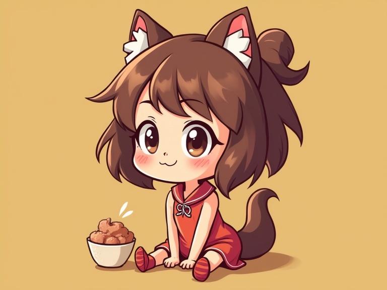 A cute girl with cat ears and a tail sits on the floor. She wears a red dress. In front of her is a bowl of food. The background is a soft yellow.