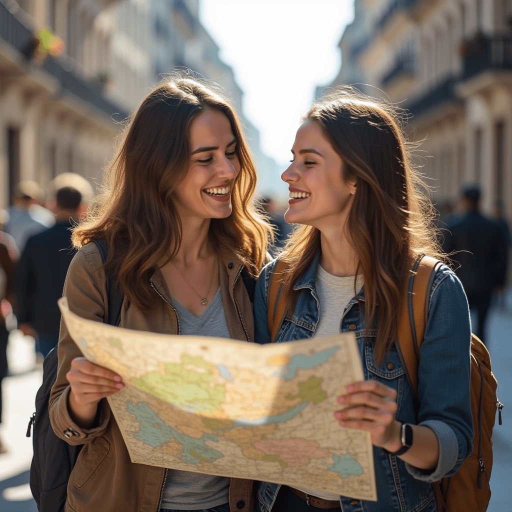 Two smiling women with a map exploring a charming city street.