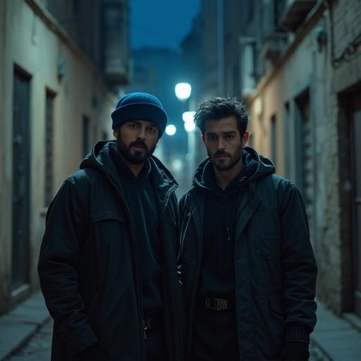 Two determined men chase a crime lord in an urban alley at night. They wear dark clothing and show stubborn resolve. The setting is gritty with dim lighting from street lamps. The scene evokes a sense of urgency and action.