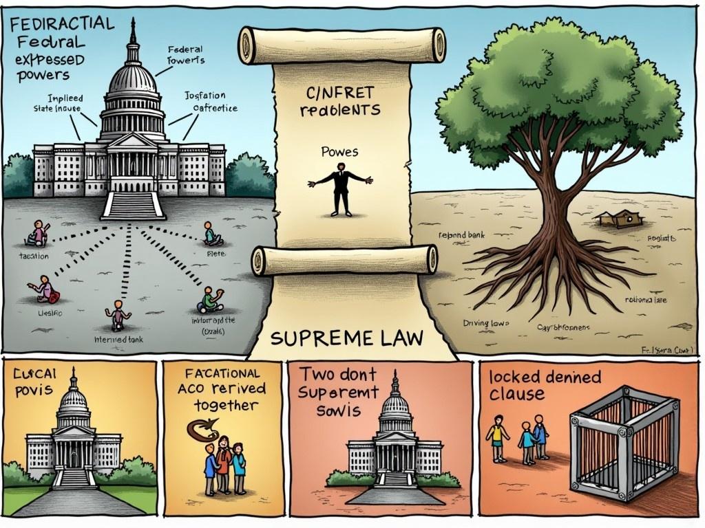 Create a cartoon depicting the power struggle between the Federal and State governments under federalism. The cartoon should tell a clear story using six different sections or boxes, illustrating key concepts like expressed, implied, inherent, reserved, concurrent powers, and denied powers. Unique symbols should represent the Federal and State governments, with a scroll displaying the words 'Supreme Law.' Each box should include colorful visuals and captions that clarify the examples for each power type. The overall tone should be fun and educational, aiming to make complex concepts more accessible.