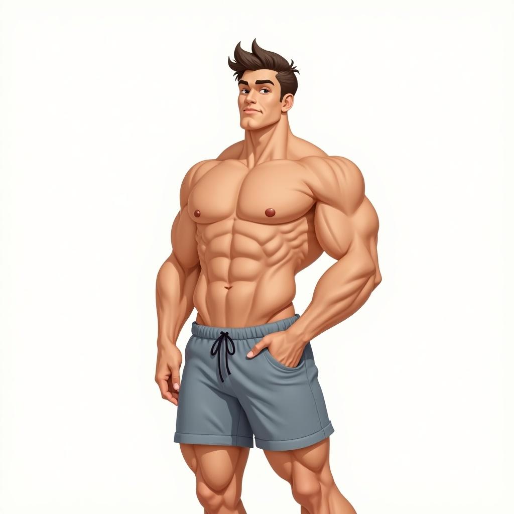 Illustration shows a muscular male figure. Character stands relaxed to showcase a well-defined physique. Strong jawline with styled hair adds a modern look. Simple shorts highlight toned abs and arms. Background is minimalist for focus on muscles.