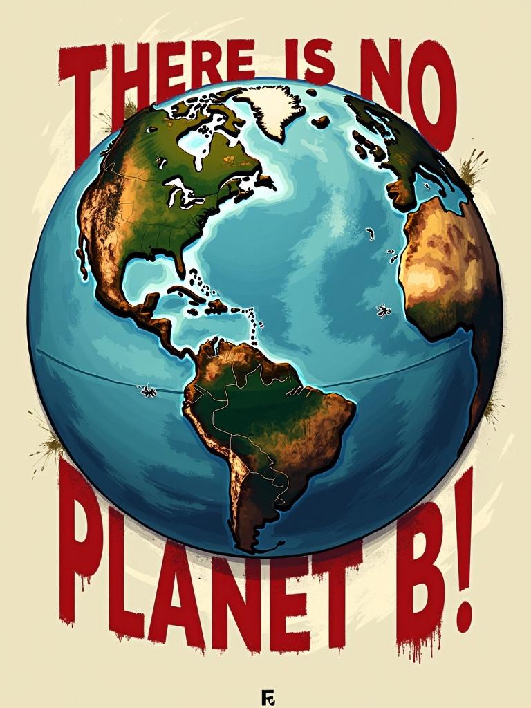 A visual message promotes climate action. The design features a globe illustrated with geographical details. Bold typography states the phrase 'There is No Planet B!' emphasizing urgency. The earth appears distressed suggesting environmental issues. The colors are vibrant with emphasis on the Americas.