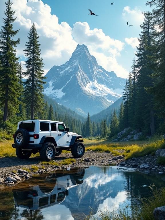 Realistic photograph of a White off-road Jeep parked beside a reflective water pool in a lush forest clearing. Towering green pine trees surround. Snow-capped mountain looms in the background. Dramatic clouds fill a vivid blue sky. Birds fly above. Hyper-realistic style used.