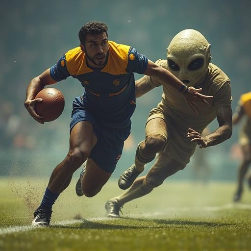 A man runs on a football field with a ball. He gets tackled by a one-eyed alien. The scene is set in an intergalactic match. The atmosphere is lively and dramatic.