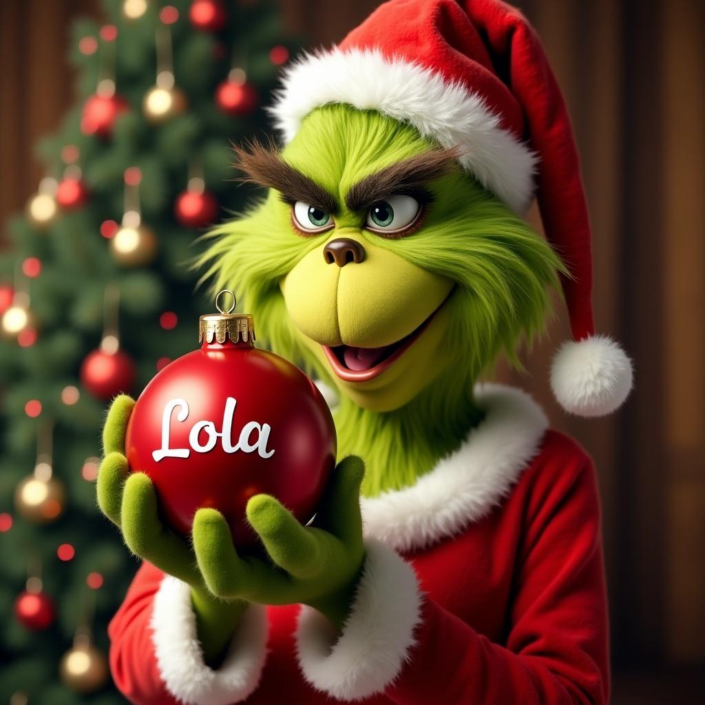 A character resembling the Grinch holds a red ornament with the name Lola. The background features a decorated Christmas tree. The character wears a Santa outfit.