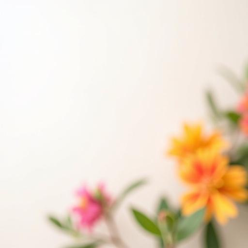 A photograph with a pure white background colorful blurry flowers leaves shallow depth of field effect dreamy soft bokeh aesthetic