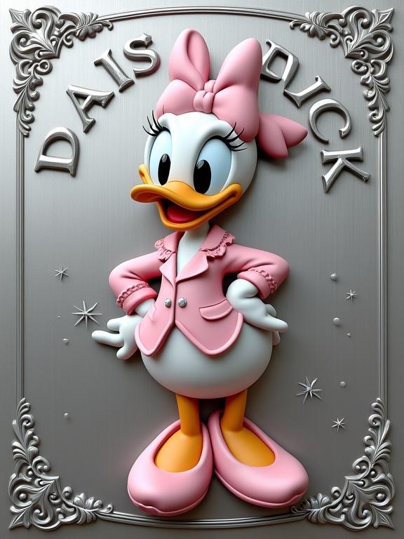 Detailed digital artwork showing Daisy Duck in a steel relief plaque style. She stands with one hand on her hip, dressed in pink, with a bow on her head. The background features subtle engravings and sparkles. The atmosphere is playful and charming.