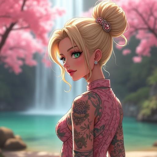 Anime character depicting a 59 year old woman with emerald green eyes. Features oversized elegant light blonde hair and pink diamond jewelry. Setting in a cherry blossom forest by a waterfall. She has traditional Japanese tattoos and futuristic cybernetic aspects. Dressed in modern Gucci style with a summer theme.