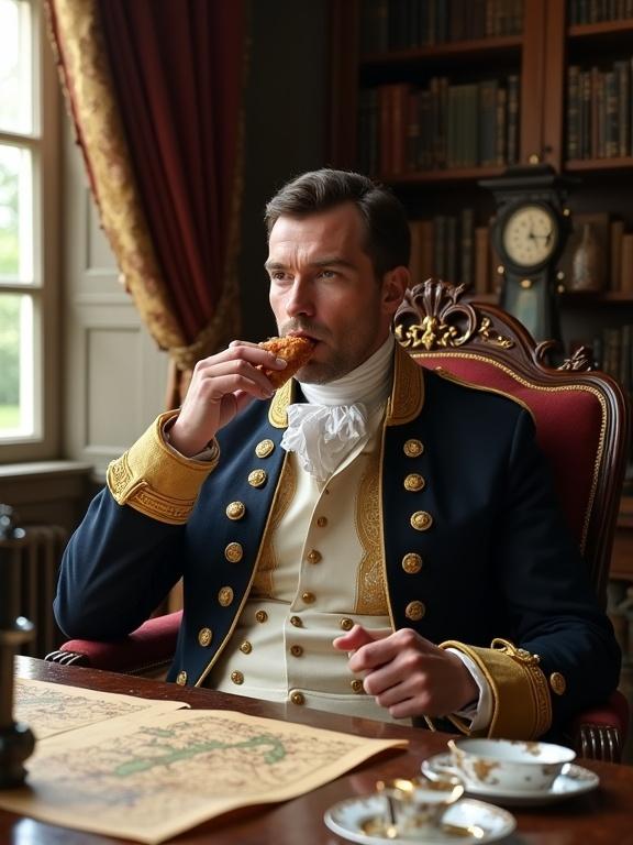 Napoleon Bonaparte seated in an embellished wooden chair. Wearing full military regalia with gold buttons and a silk scarf. Biting into a pastry. Soft light enters through tall windows with velvet curtains. Mahogany table displays battle maps and a silver coffee cup. Textures of uniform and pastry are visible. Calm and thoughtful expression.