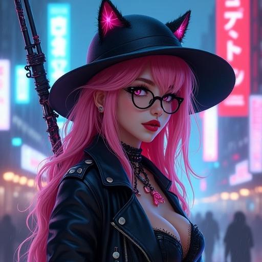 Female warrior in cyberpunk style. Pink hair with red tips. Black hat with cat ears. Leather jacket off one shoulder. Gothic boots and fishnets. Neon cityscape background. Show full body with rain. Realistic and cute appearance. Face the camera, showing decolletage. Stick tongue out playfully.