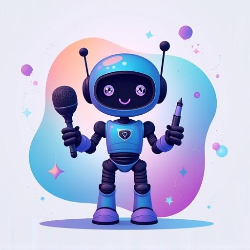Digital mascot robot character with a friendly smile. Tools like microphone and stylus in hands. Designed in a soft gradient of purple blue and teal. Set against a colorful abstract shape. Suitable for logo use with a clean vector style.