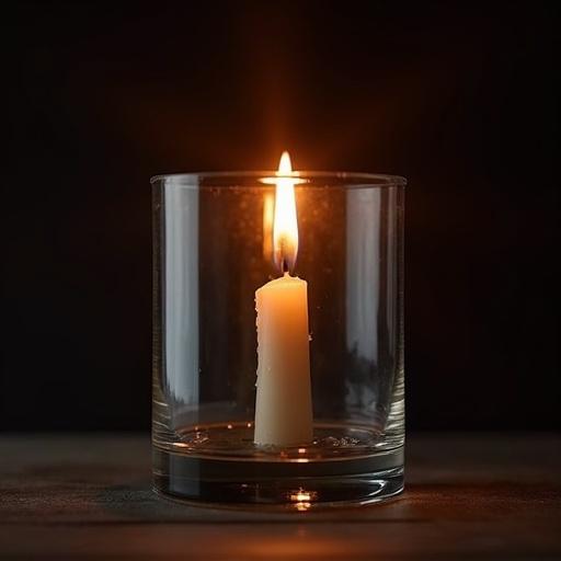 A lit candle is placed in a glass container. The candle is white and the glass is clear. The candle flame emits a gentle warm glow.