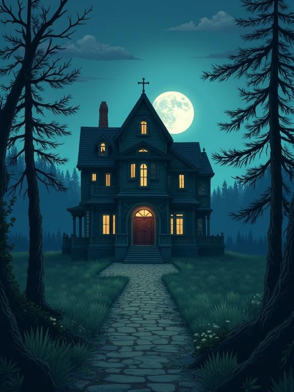 A wallpaper style image for medium sized phone showing a haunted abandoned house. Inspired by Studio Ghibli. No vegetation, no people, no animals.