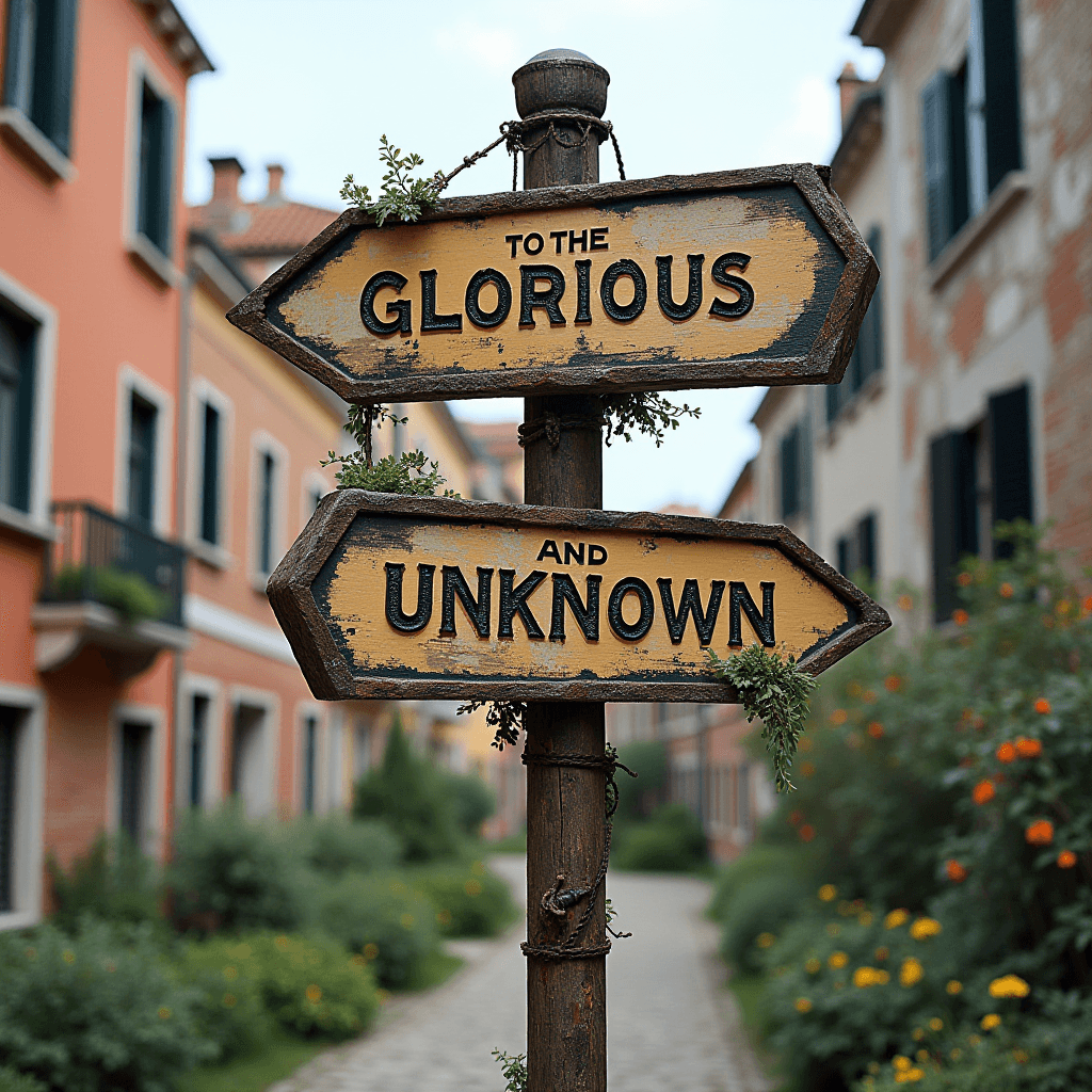 The image depicts a rustic signpost set in an enchanting, picturesque alleyway. The signpost features two directional arrows; the top arrow points to 'THE GLORIOUS' and the bottom arrow to 'UNKNOWN,' suggesting a journey filled with hope and uncertainty. The signs are weathered, adding an element of charm and age. The background features quaint buildings with colorful facades, and well-tended garden beds with blooming flowers lining the cobblestone street, evoking a sense of a peaceful European village. The sign is adorned with leafy vines, enhancing its rustic appeal.