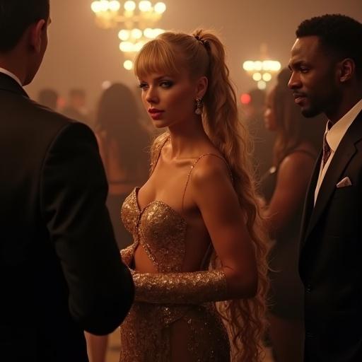 Stylish woman in a glamorous outfit with long blonde hair talks to a man in a suit. Warm ambient lighting in a vibrant nightclub atmosphere. Background shows other guests enjoying the scene. Full body view highlights fashion and elegance.