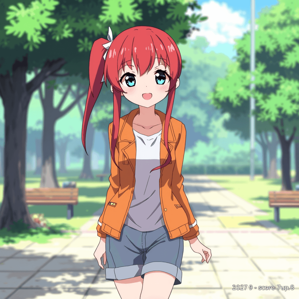 A cheerful anime girl with red hair walks through a sunny park.