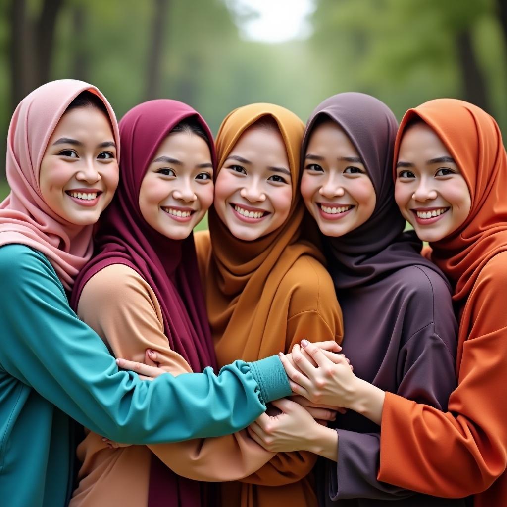 Group of five smiling women wearing colorful hijabs. They embrace each other showcasing unity and friendship in a scenic outdoor setting.