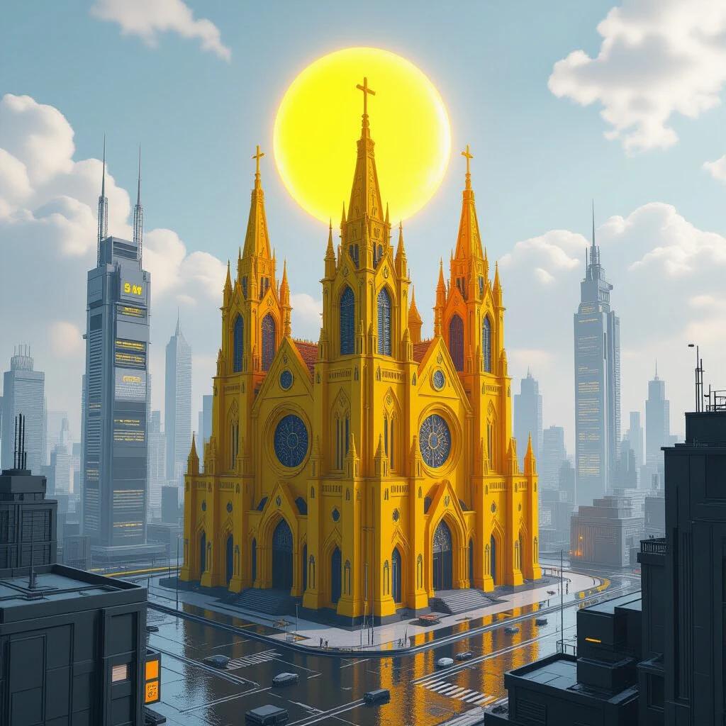 Futuristic city with a large yellow cathedral. Cathedral features sun symbol and intricate designs. City filled with skyscrapers and a grey atmosphere.