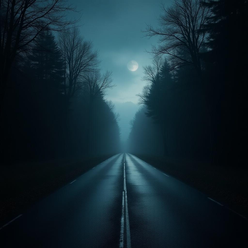 Scary liminal space with an empty night road. Dark forest on both sides. Fog shrouding the surroundings. Full moon illuminating the path.