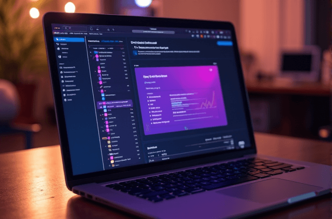 A laptop on a desk displaying a dark-themed productivity application in a warmly lit room.