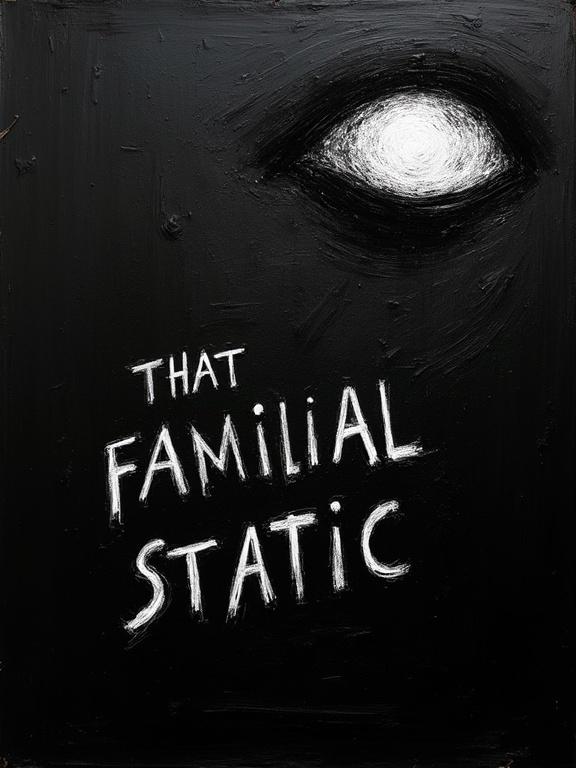 An extremely rough oil sketch on a textured black background. A distorted human eye emerges diagonally from the top corner. The eye contains swirling static. Below the eye are white distorted shadows spelling out 'That Familial Static' in rough lettering. The lettering is slightly smaller than the eye.