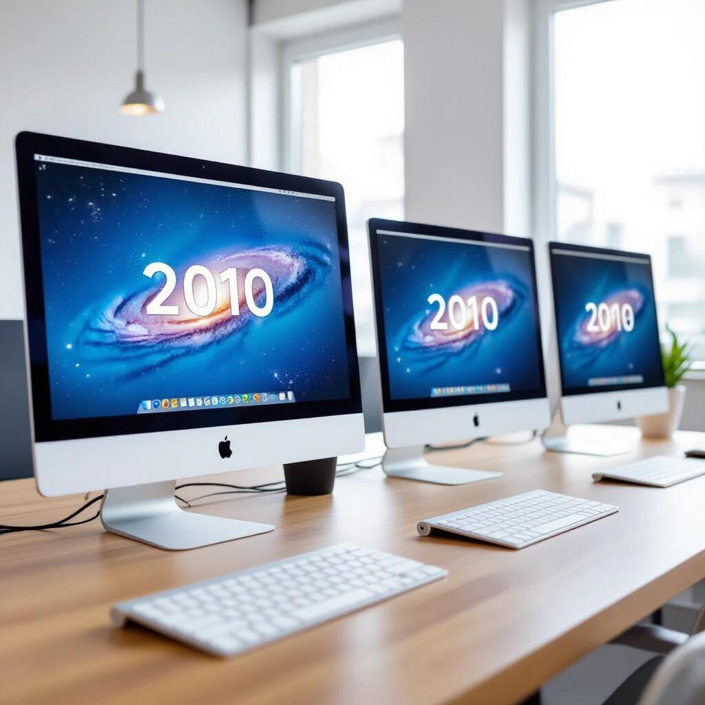 Three iMac computers from the year 2010 are displayed on a wooden desk. They have blue screens showing the year 2010. The background has large windows with natural light. Keyboards are placed in front of the computers.