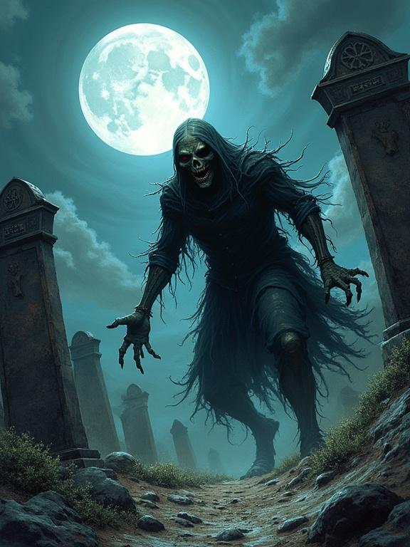 Ghoul crawls free from grave under moonlight in a crumbling graveyard. Sfumato technique used with strong contrasts of light and shadow. Focus on narrative, depth, and detailed emotions.