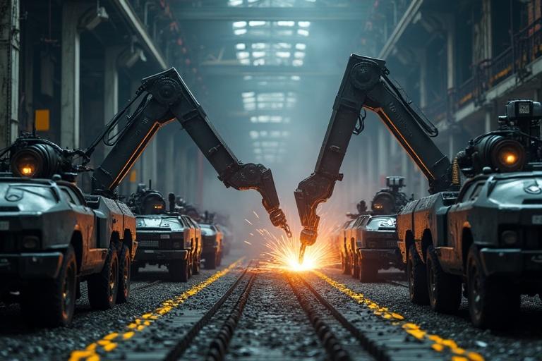 Cinematic view of a dark factory with huge robotic arms welding silver military sci-fi jeeps on an assembly line. Scene includes vehicles with weapons, detailed textures, shadows. Small yellow and black diagonal lines highlighting the ground. Steam and rotating lights add to the realism.