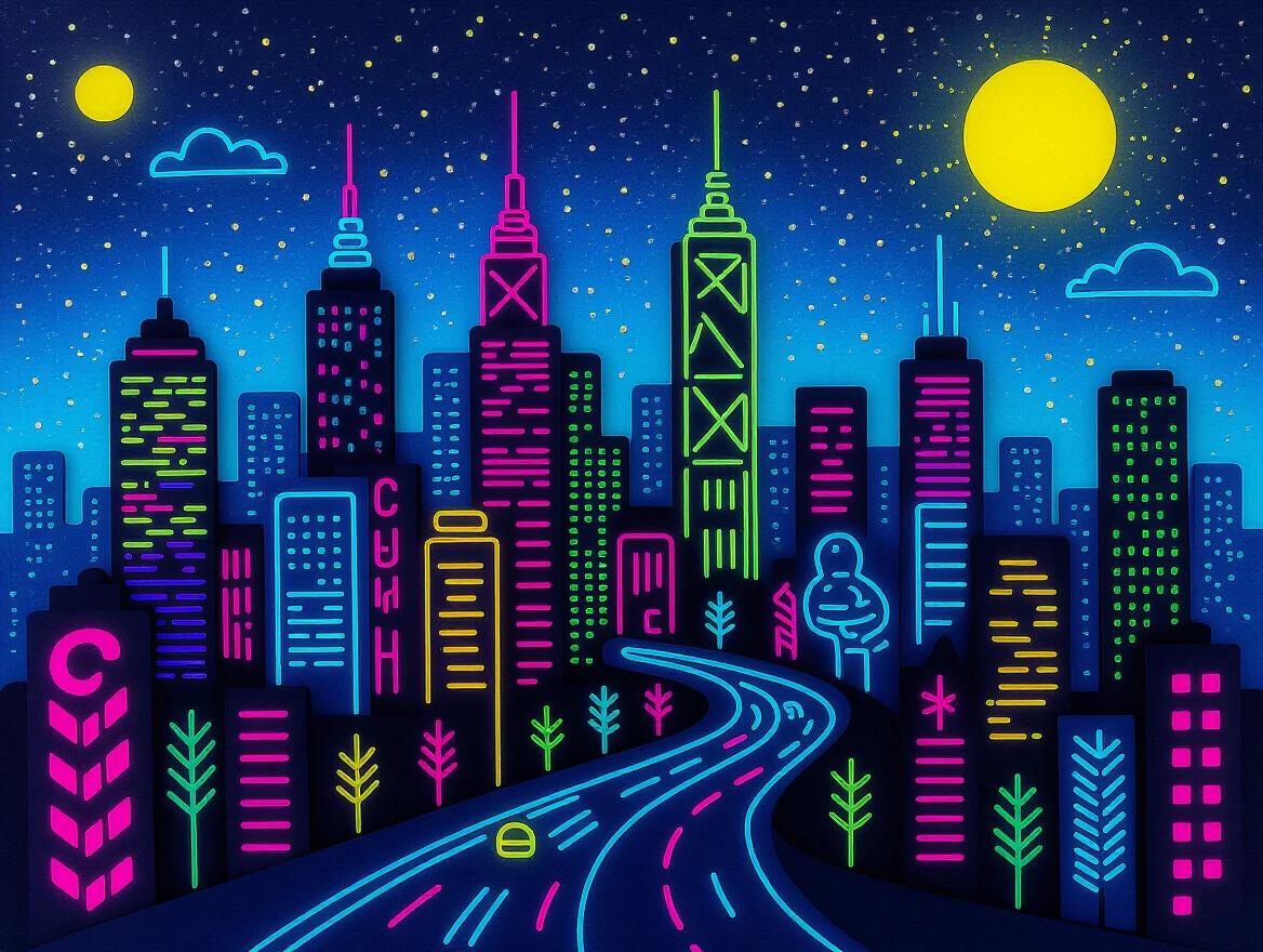 Felt art depicting a vibrant neon cyberpunk cityscape. Brightly colored skyscrapers with a blacklight effect. Road winding through the city. Starlit sky with a full moon.