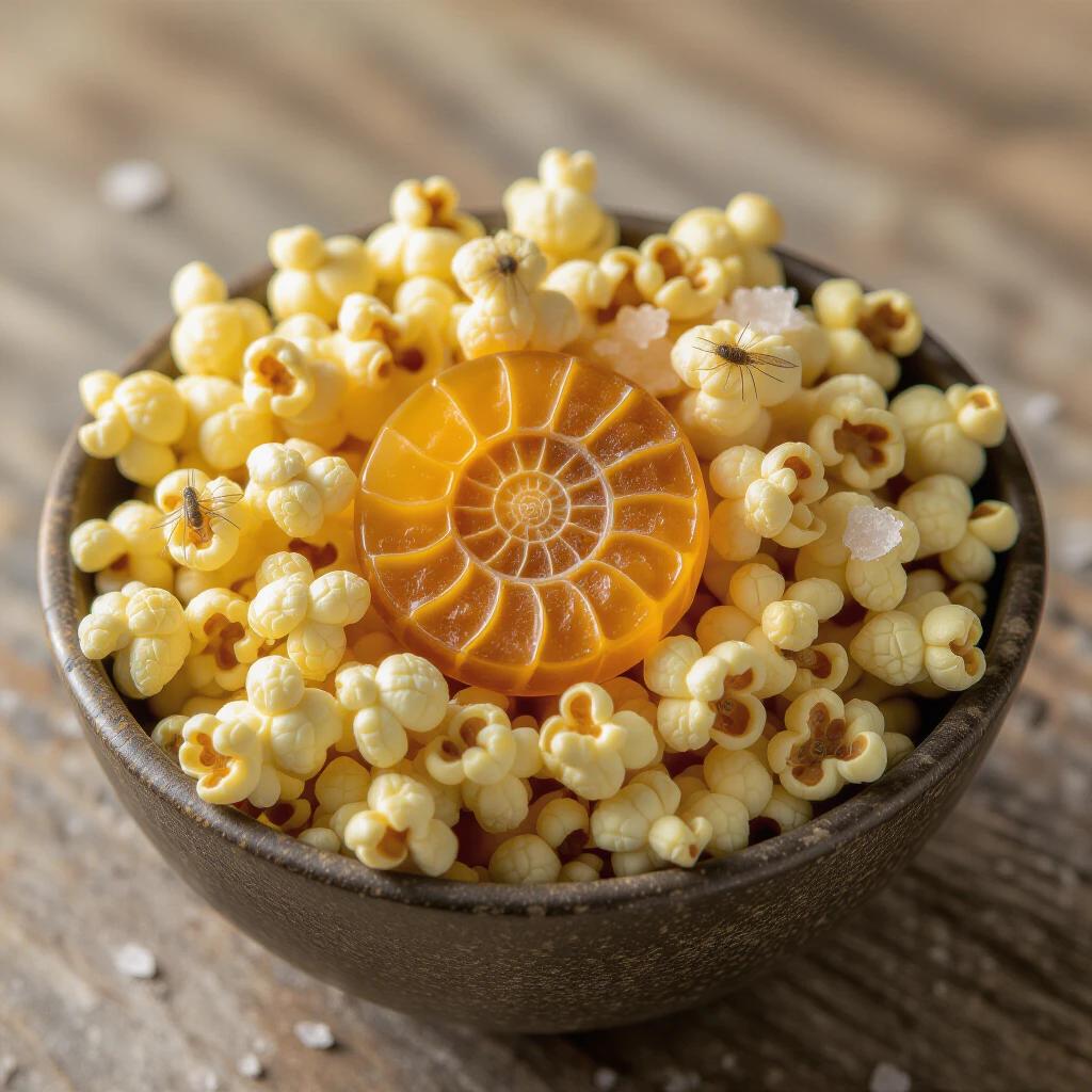 A bowl filled with fossilized popcorn kernels resembling ammonite fossils. A shimmering amber piece serves as butter, containing tiny insects. Salt crystals scattered atop.
